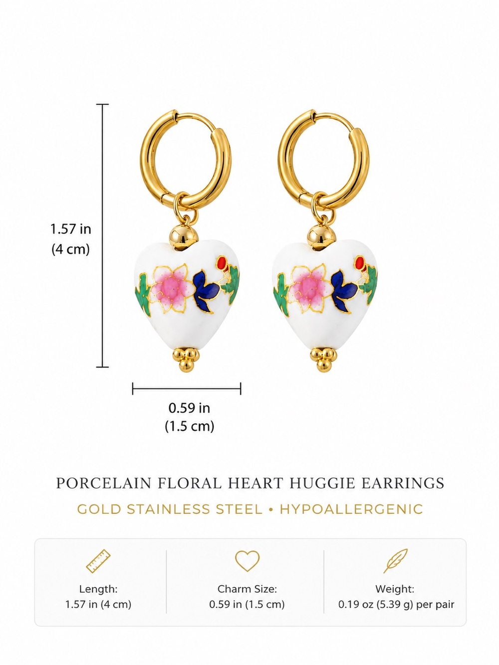 Porcelain Floral Heart Huggie Earrings on Gold Hypoallergenic Stainless Steel - Picture 2 of 3